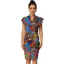 Art Color Dark Detail Monsters Psychedelic Vintage Frill Sleeve V-Neck Bodycon Dress View1