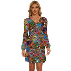 Art Color Dark Detail Monsters Psychedelic Long Sleeve Waist Tie Ruffle Velvet Dress by Ket1n9