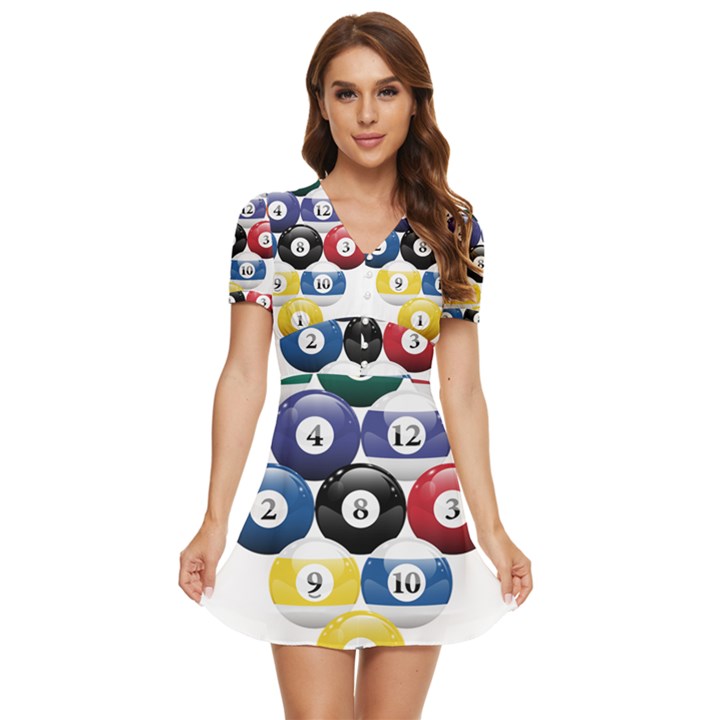 Racked Billiard Pool Balls V-Neck High Waist Chiffon Mini Dress