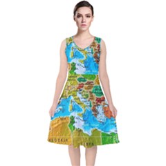 World Map V-neck Midi Sleeveless Dress  by Ket1n9