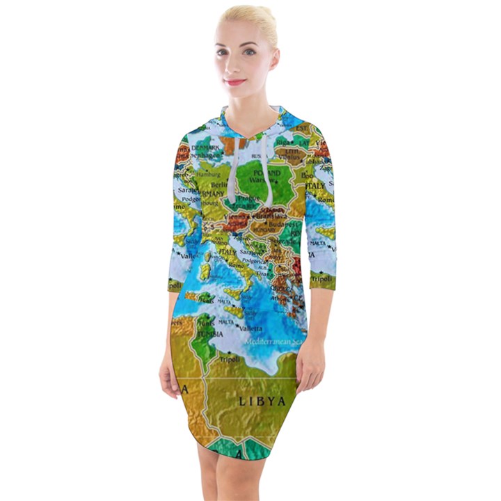 World Map Quarter Sleeve Hood Bodycon Dress