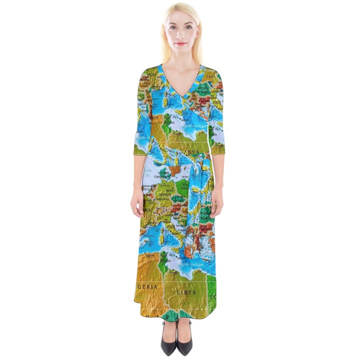 World Map Quarter Sleeve Wrap Maxi Dress