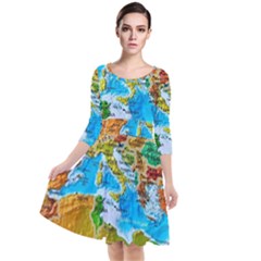 World Map Quarter Sleeve Waist Band Dress