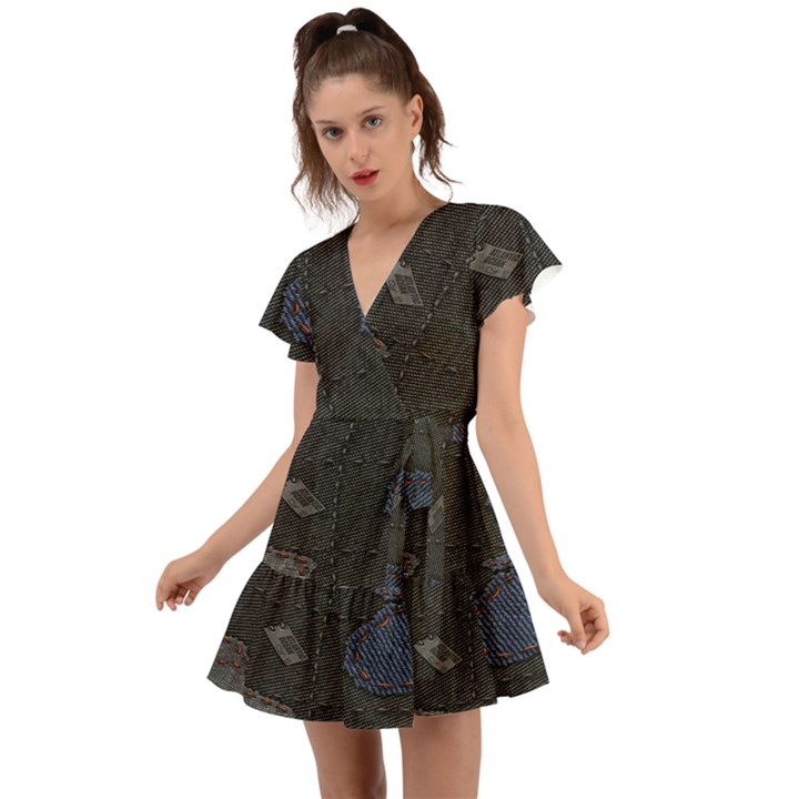 World Map Flutter Sleeve Wrap Dress