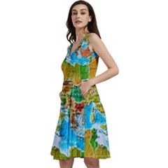 World Map Sleeveless V-neck Skater Dress With Pockets