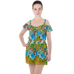 World Map Ruffle Cut Out Chiffon Playsuit by Ket1n9