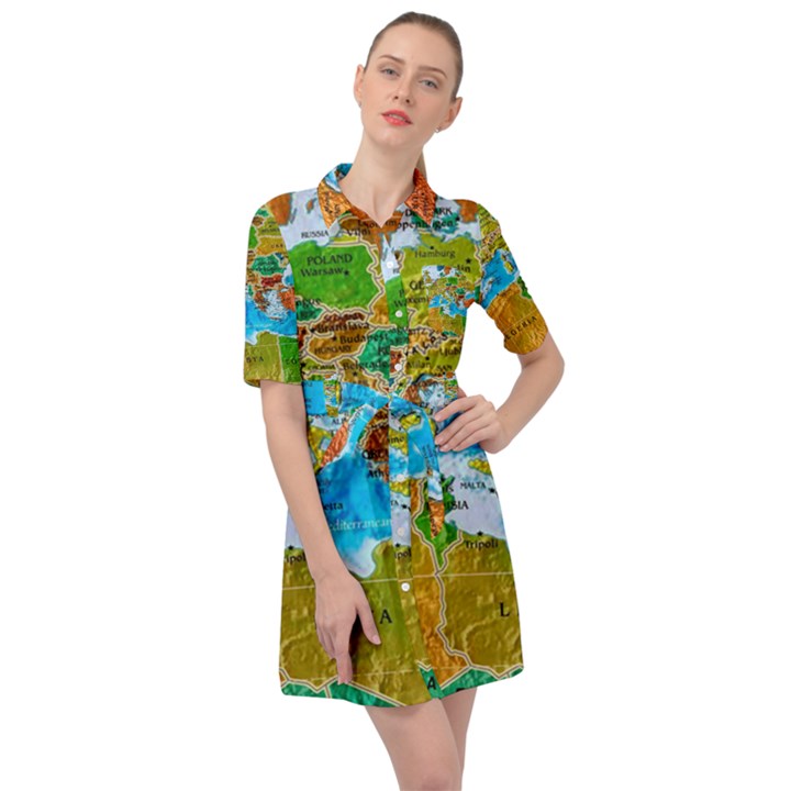 World Map Belted Shirt Dress