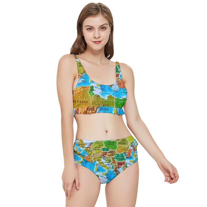 World Map Frilly Bikini Set