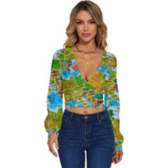 World Map Long Sleeve Deep-v Velour Top by Ket1n9