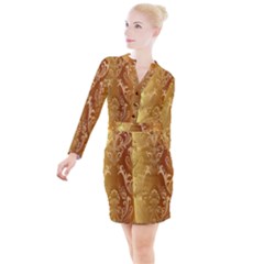 Golden Pattern Vintage Gradient Vector Button Long Sleeve Dress by Ket1n9