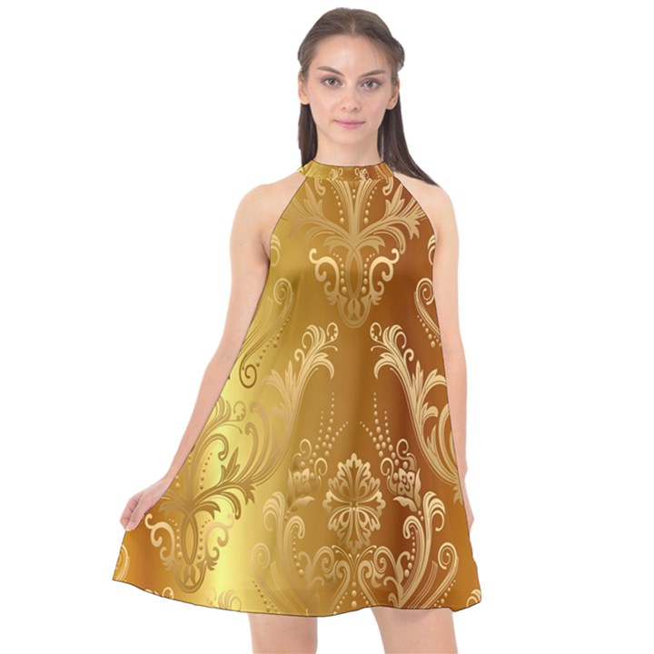 Golden Pattern Vintage Gradient Vector Halter Neckline Chiffon Dress 