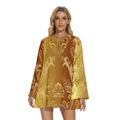 Golden Pattern Vintage Gradient Vector Round Neck Long Sleeve Bohemian Style Chiffon Mini Dress by Ket1n9