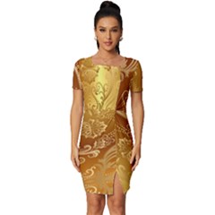 Golden Pattern Vintage Gradient Vector Fitted Knot Split End Bodycon Dress by Ket1n9