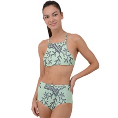 Illustration Of Butterflies And Flowers Ornament On Green Background Halter Tankini Set by Ket1n9