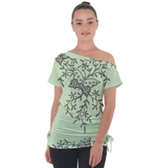 Illustration Of Butterflies And Flowers Ornament On Green Background Off Shoulder Tie-up T-shirt