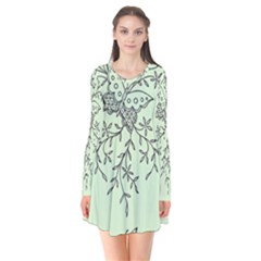 Illustration Of Butterflies And Flowers Ornament On Green Background Long Sleeve V-neck Flare Dress by Ket1n9