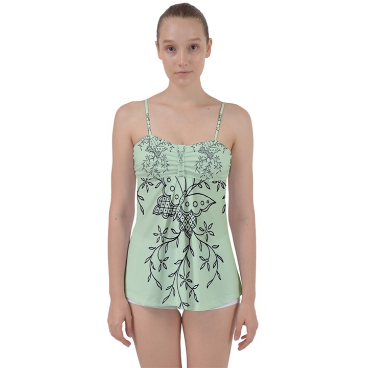 Illustration Of Butterflies And Flowers Ornament On Green Background Babydoll Tankini Top