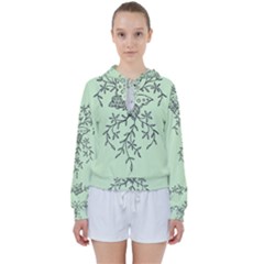 Illustration Of Butterflies And Flowers Ornament On Green Background Women s Tie Up Sweat by Ket1n9