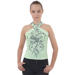 Illustration Of Butterflies And Flowers Ornament On Green Background Cross Neck Velour Top by Ket1n9