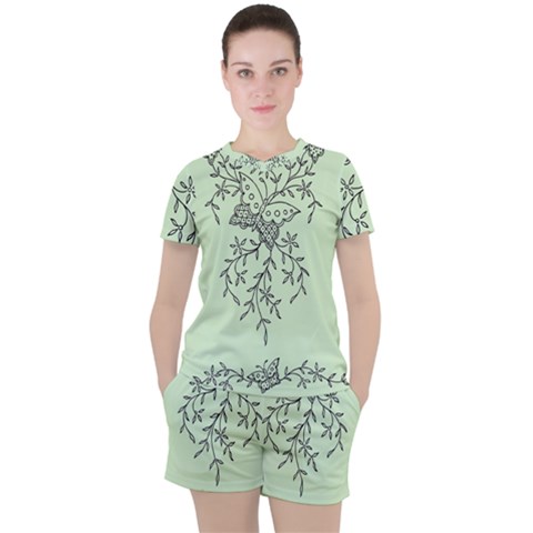 Illustration Of Butterflies And Flowers Ornament On Green Background Women s T-shirt And Shorts Set by Ket1n9