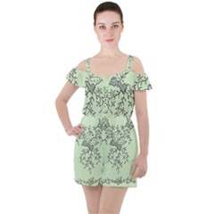 Illustration Of Butterflies And Flowers Ornament On Green Background Ruffle Cut Out Chiffon Playsuit by Ket1n9