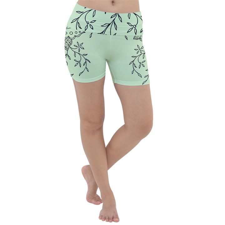 Illustration Of Butterflies And Flowers Ornament On Green Background Lightweight Velour Yoga Shorts