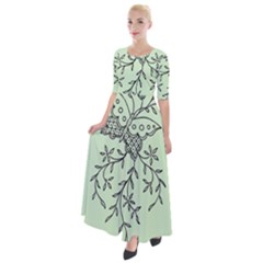 Illustration Of Butterflies And Flowers Ornament On Green Background Half Sleeves Maxi Dress by Ket1n9