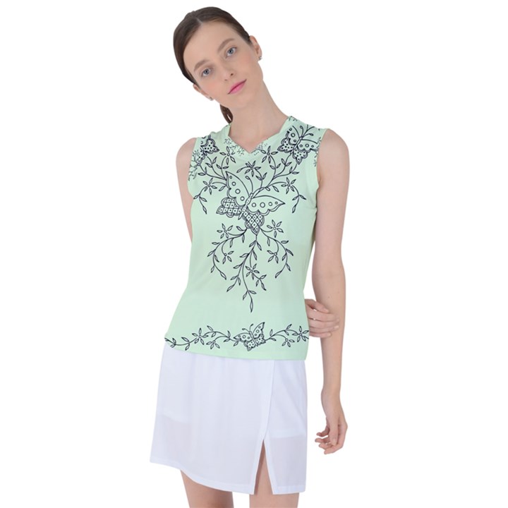 Illustration Of Butterflies And Flowers Ornament On Green Background Women s Sleeveless Sports Top