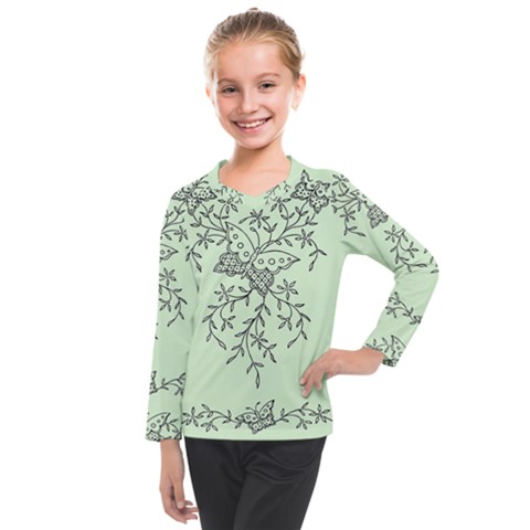 Illustration Of Butterflies And Flowers Ornament On Green Background Kids  Long Mesh T-shirt by Ket1n9