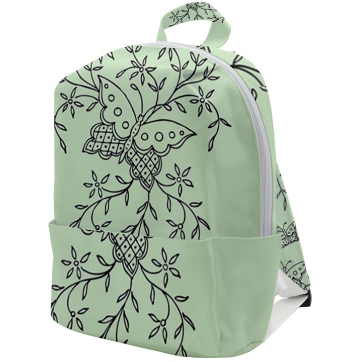 Illustration Of Butterflies And Flowers Ornament On Green Background Zip Up Backpack