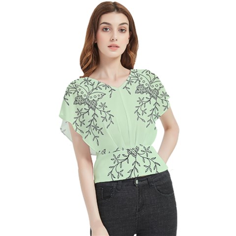 Illustration Of Butterflies And Flowers Ornament On Green Background Butterfly Chiffon Blouse by Ket1n9