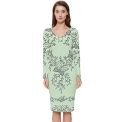 Illustration Of Butterflies And Flowers Ornament On Green Background Long Sleeve V-neck Bodycon Dress  by Ket1n9