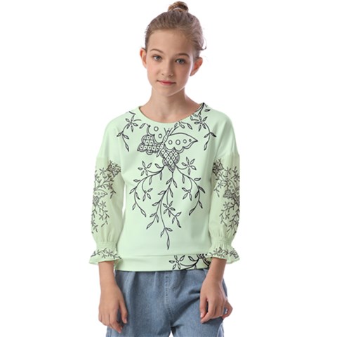 Illustration Of Butterflies And Flowers Ornament On Green Background Kids  Cuff Sleeve Top by Ket1n9