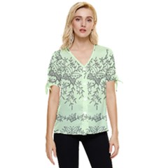 Illustration Of Butterflies And Flowers Ornament On Green Background Bow Sleeve Button Up Top by Ket1n9