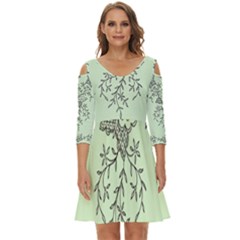 Illustration Of Butterflies And Flowers Ornament On Green Background Shoulder Cut Out Zip Up Dress by Ket1n9