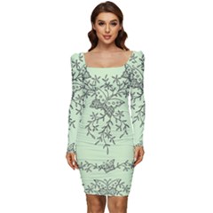 Illustration Of Butterflies And Flowers Ornament On Green Background Women Long Sleeve Ruched Stretch Jersey Dress by Ket1n9