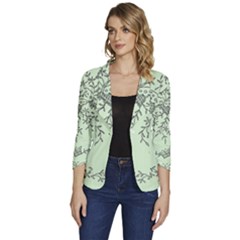 Illustration Of Butterflies And Flowers Ornament On Green Background Women s One-button 3/4 Sleeve Short Jacket by Ket1n9