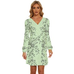 Illustration Of Butterflies And Flowers Ornament On Green Background Long Sleeve Waist Tie Ruffle Velvet Dress by Ket1n9