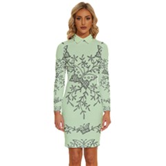 Illustration Of Butterflies And Flowers Ornament On Green Background Long Sleeve Shirt Collar Bodycon Dress by Ket1n9