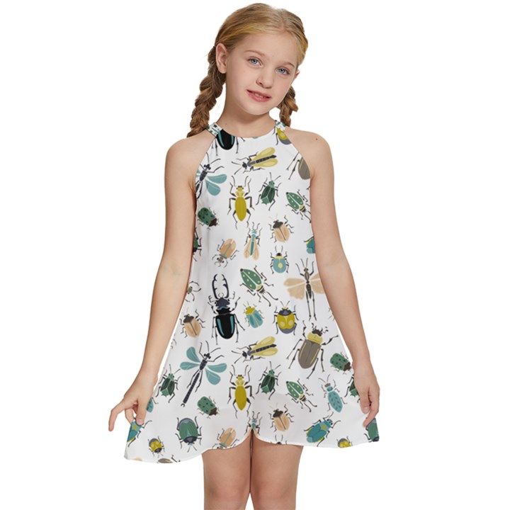 Insect Animal Pattern Kids  Halter Collar Waist Tie Chiffon Dress