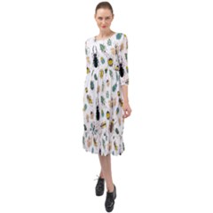 Insect Animal Pattern Ruffle End Midi Chiffon Dress