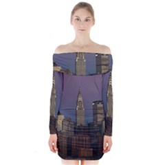 Skyline-city-manhattan-new-york Long Sleeve Off Shoulder Dress by Ket1n9