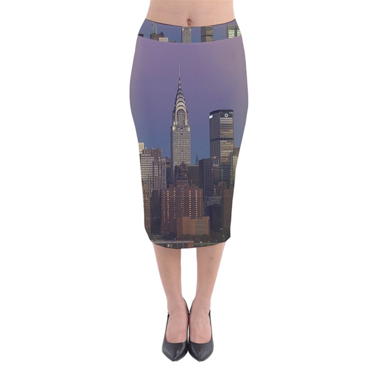 Skyline-city-manhattan-new-york Velvet Midi Pencil Skirt