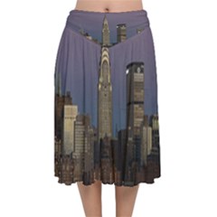 Skyline-city-manhattan-new-york Velvet Flared Midi Skirt by Ket1n9