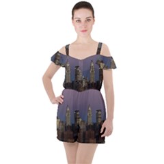 Skyline-city-manhattan-new-york Ruffle Cut Out Chiffon Playsuit by Ket1n9