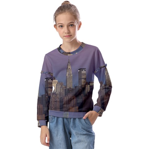 Skyline-city-manhattan-new-york Kids  Long Sleeve T-shirt With Frill  by Ket1n9