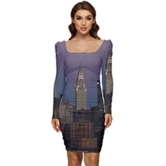 Skyline-city-manhattan-new-york Women Long Sleeve Ruched Stretch Jersey Dress by Ket1n9