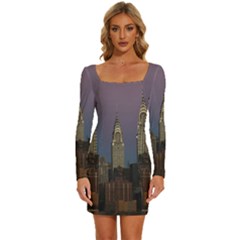 Skyline-city-manhattan-new-york Long Sleeve Square Neck Bodycon Velvet Dress by Ket1n9