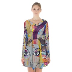 Graffiti-mural-street-art-painting Long Sleeve Velvet V-neck Dress by Ket1n9