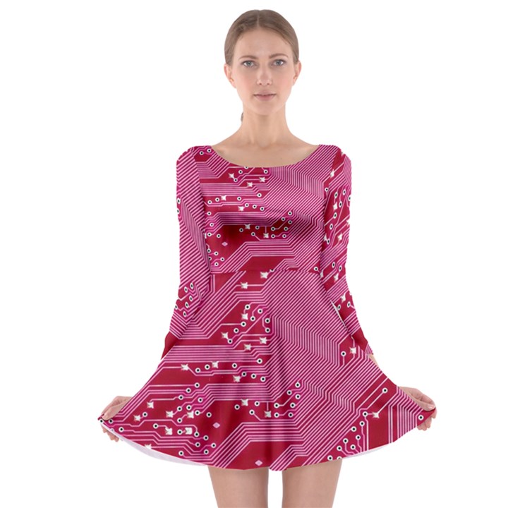 Pink Circuit Pattern Long Sleeve Skater Dress